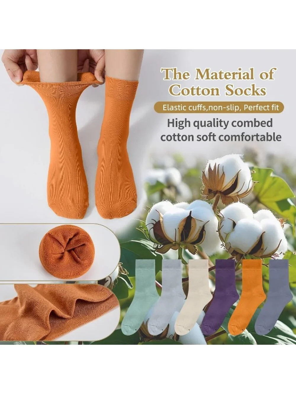 🧦Women's Green Orange Blue 6 Pairs Thin Above Ankle Socks Cotton Crew Socks